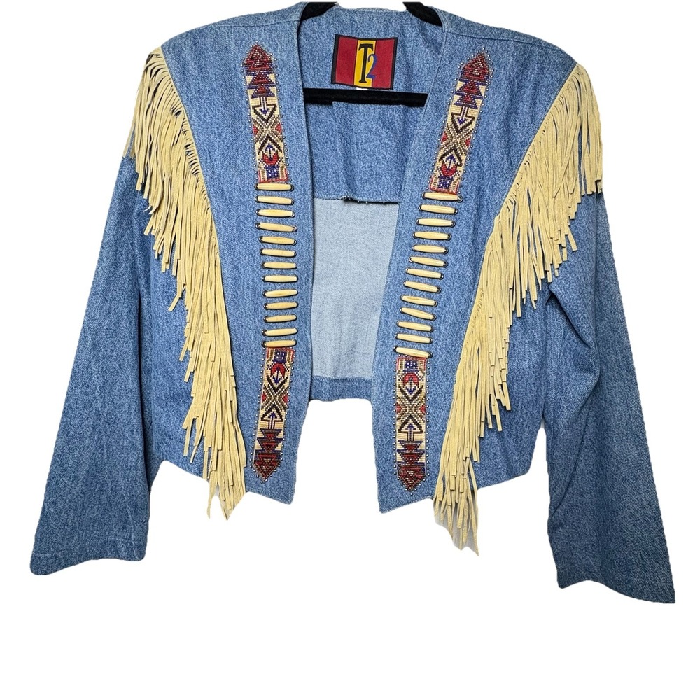 VTG T2 Beaded Navajo Denim Jacket Western Wear Fringe Y2K Shoulder‎ Pads Women 8